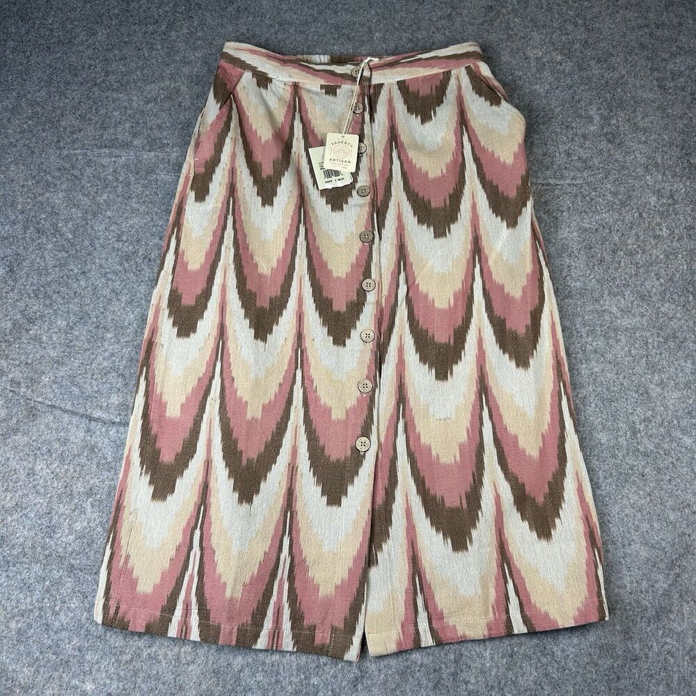 Midi Button-Front Skirt in Pink, Brown & Cream